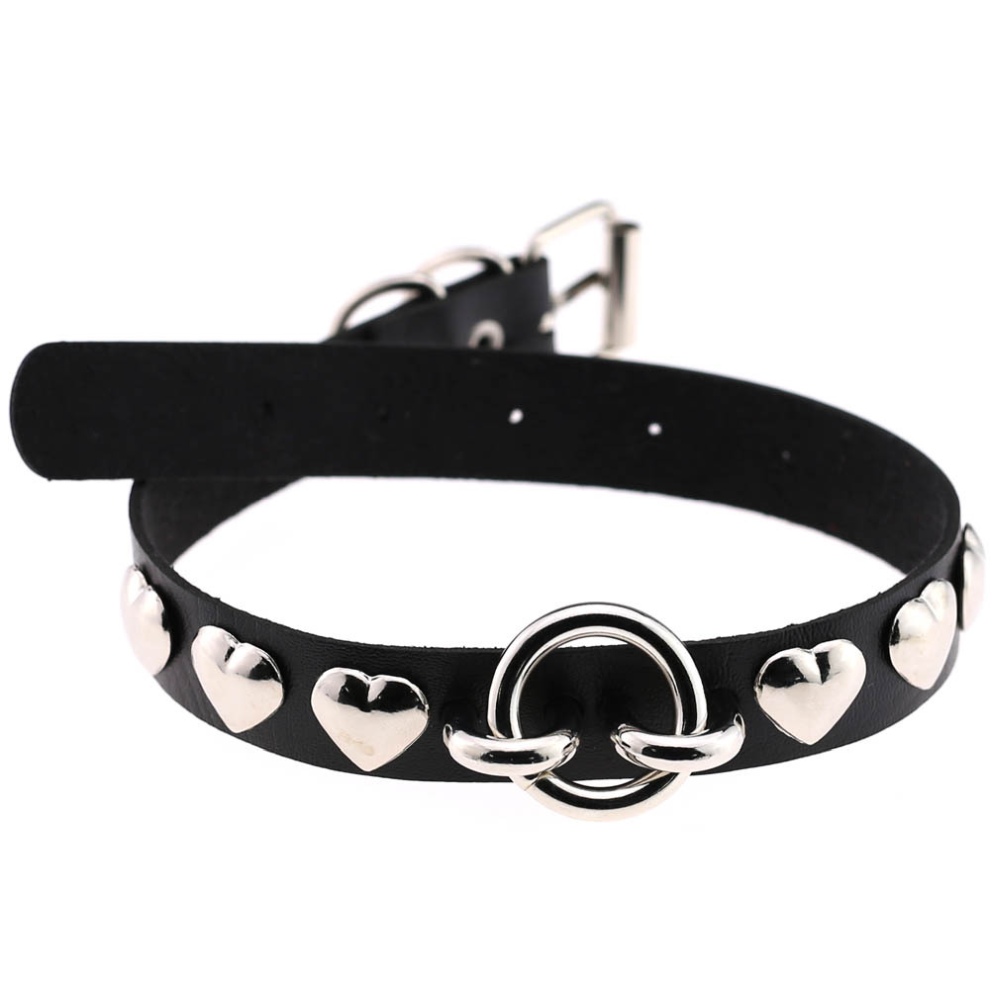 Bullet 69 - Heart Rivet Bound Ring Halsband - Schwarz/Schwarz